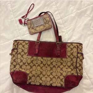 Coach Signature Canvas Tote Bag - Tan and Red